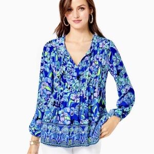 Lilly Pulitzer Marilina Long Sleeve Tunic Top XL Blue Grotto Twilight Tropics